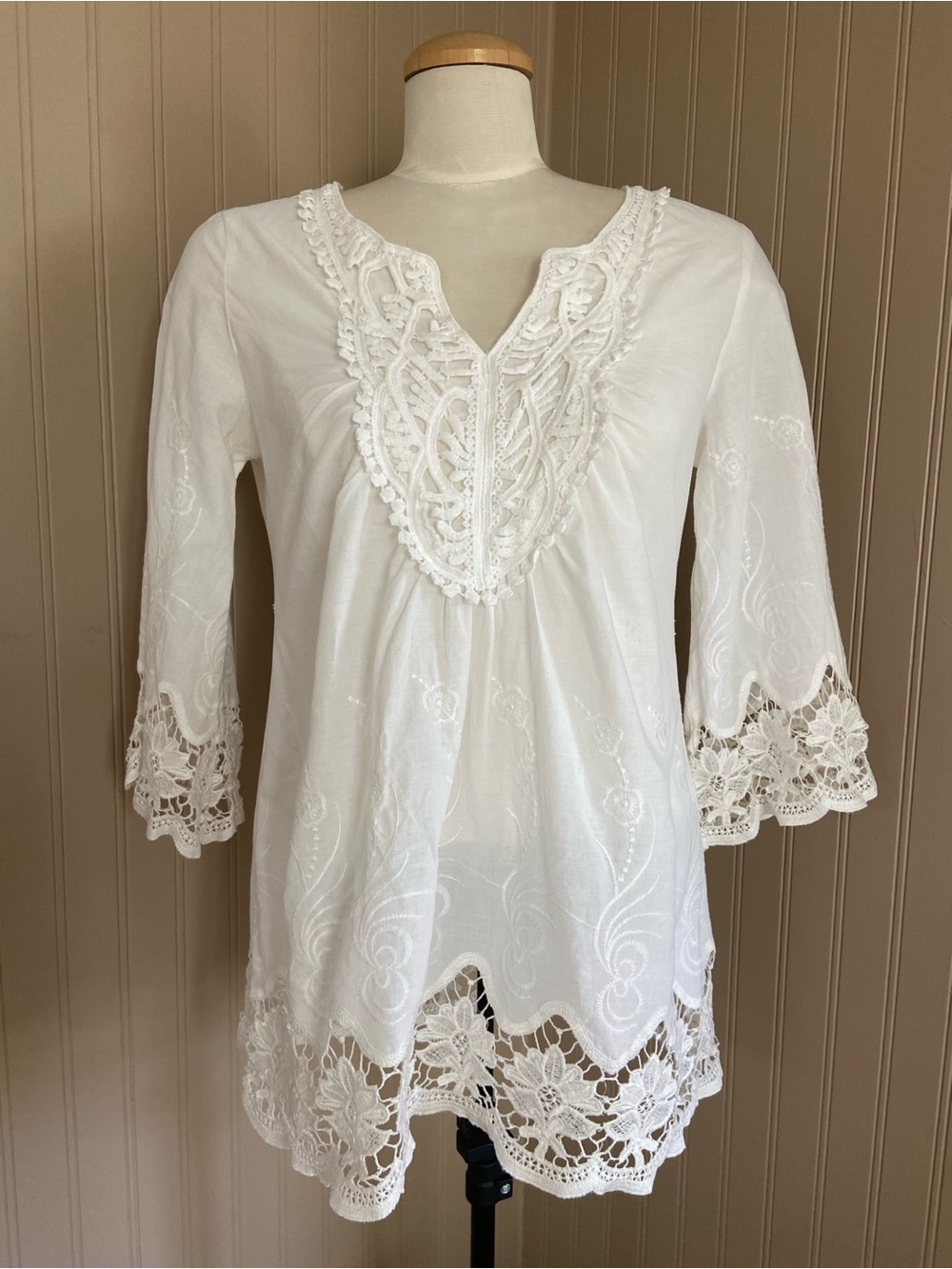 Solitaire 100% Cotton Crochet Trim Long Sleeve Blouse Shirt Women’s Size Medium